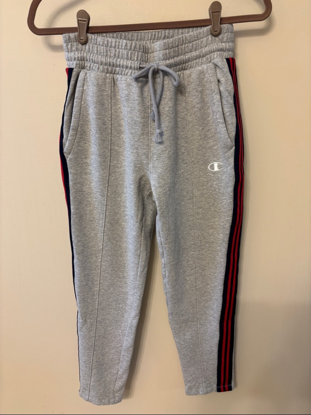 Champion Gray Sweatpants with Red & Navy Side Stripes